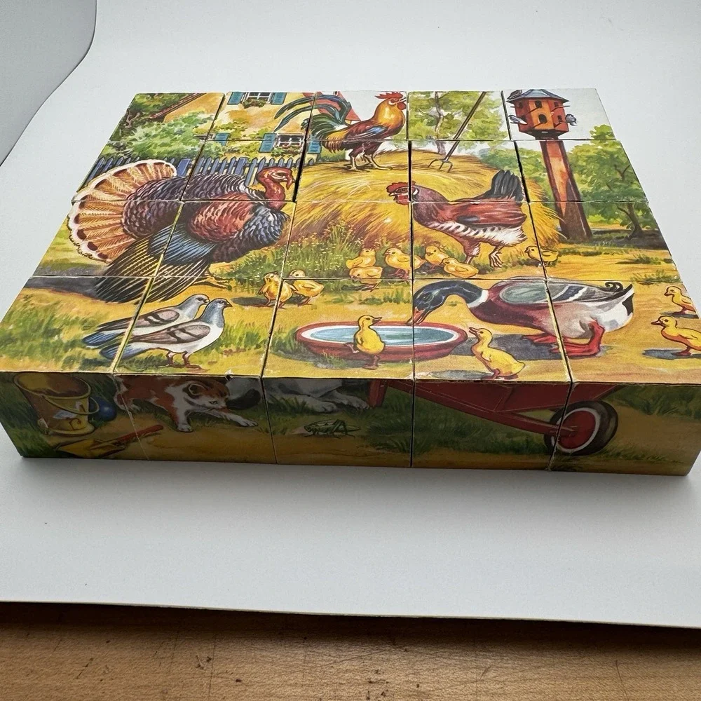 Vtg 20 Cube Puzzle Block Set 4 Sided West Germany ~ Cat Horse Cow Children Dogs
